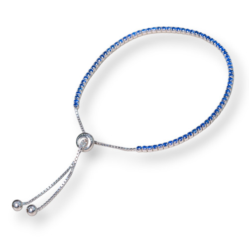 Bracciale Di Argento 925 Tennis Con Zirconi 2mm Saliscendi Rodiato + Blu Zaffiro 1pz