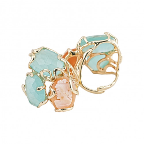 Bronze Ring AURORA Collection 32x36mm With Cat's Eye Adjustable Size With Natural Gold Cameo Aqua Green