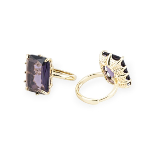 Bague en bronze avec cristaux de cabochon CZ rectangle 15x20mm taille réglable violet