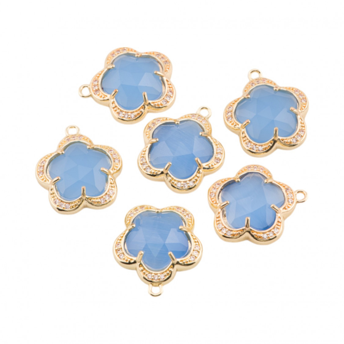 Componente Pendente Di Ottone Con Occhio Di Gatto Incastonati Fiore 5 Petali 16mm 6pz Con 1 Anellino Ciano- FIORE | Worldofjewel.com