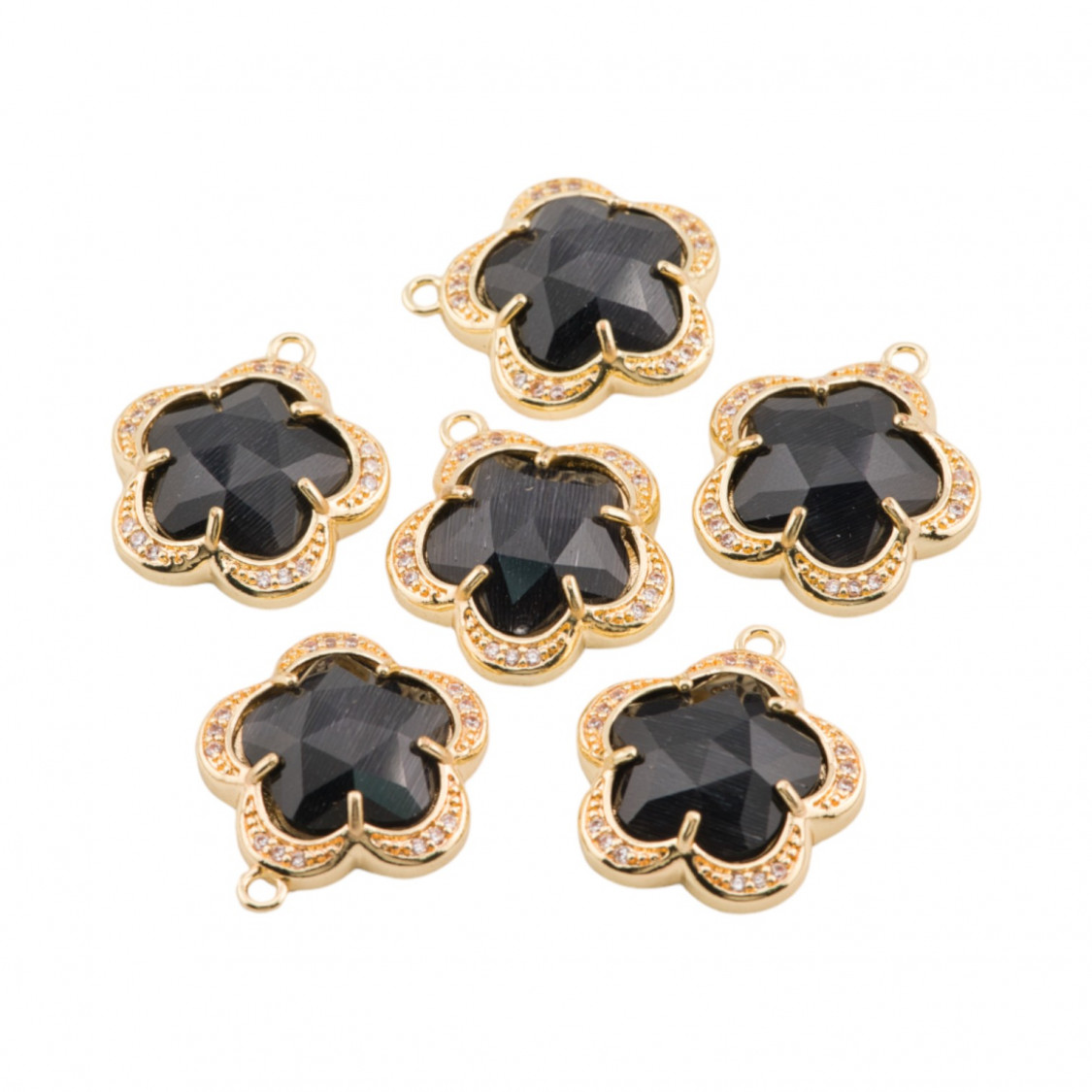 Componente Pendente Di Ottone Con Occhio Di Gatto Incastonati Fiore 5 Petali 16mm 6pz Con 1 Anellino Nero- FIORE | Worldofjewel.com