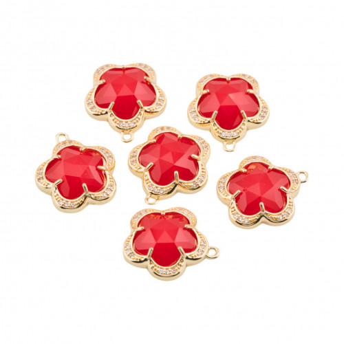 Componente Pendente Di Ottone Con Occhio Di Gatto Incastonati Fiore 5 Petali 14mm 8pz Con 1 Anellino Rosso