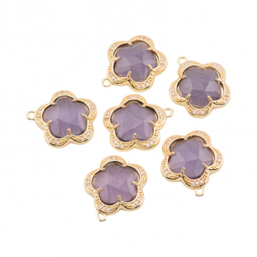 Componente Pendente Di Ottone Con Occhio Di Gatto Incastonati Fiore 5 Petali 16mm 6pz Con 1 Anellino Viola