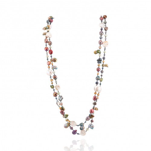 Collana Charlestone Di Perle Di Fiume Mix Color e Forme Con Nodini 160cm