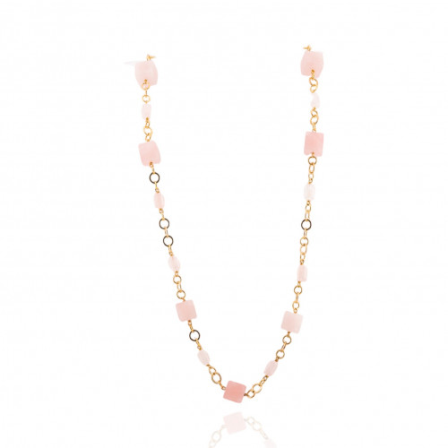 Collana Di Argento 925 Con Catena Placcato Oro Di Quarzo Rosa Cubi E Cilindri 48,5cm Con Catena Pendente 25cm