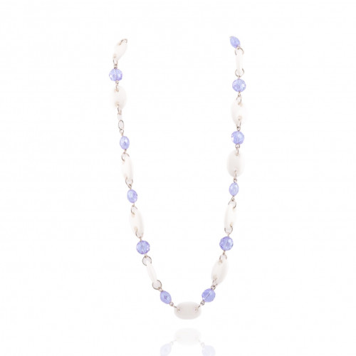 Collana Di Argento 925 Con Zirconi Viola Glicine E Agata Bianca Maglia Marinara Con Moschettone 51cm