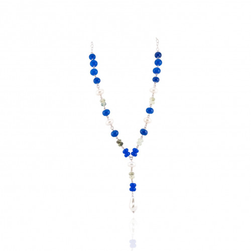 Collana Di Argento 925 Con Agata Blu Perle Di Fiume E Zirconi 59cm + 6cm