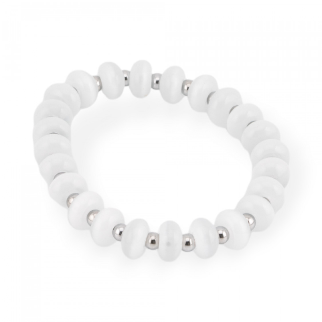 Bracciali Elasticizzato Di Occhio Di Gatto 10mm E Ematite Bianco Rodiato-BRACCIALI DI PIETRE DURE | Worldofjewel.com