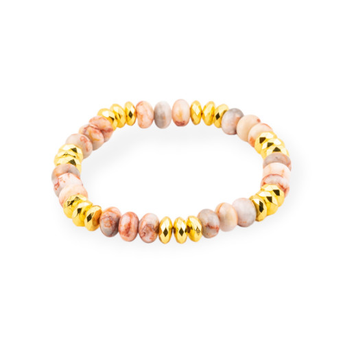 Bracciale Elastico Rondelle Di Pietre Dure 8mm E Ematite Dorato Diaspro Rosa