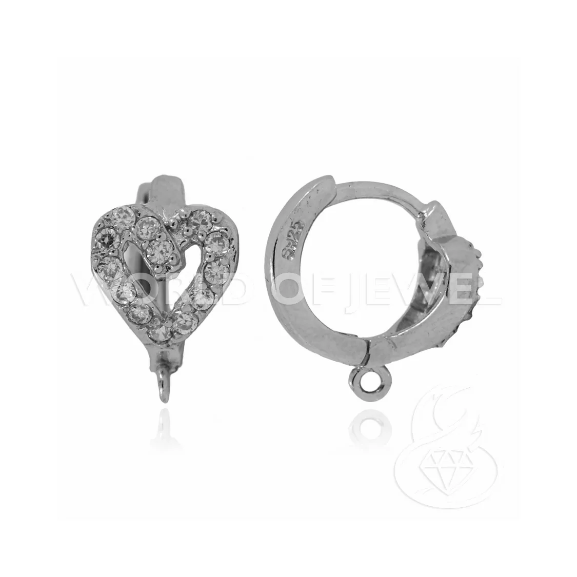 Base Per Orecchini Di Argento 925 Con Zirconi Perno Chiuso Cuore 08x13mm 3 Paia Rodiato-BASI DI ARGENTO 925 | Worldofjewel.com