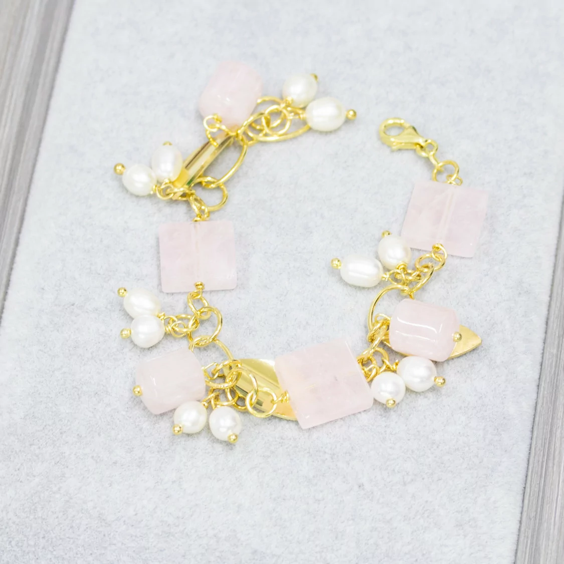 Bracciale Di Argento 925 Con Catena Placcato Oro Di Quarzo Rosa Forme E Perle Di Fiume Riso 18,5cm-BRACCIALI DI ARGENTO 925 | Worldofjewel.com