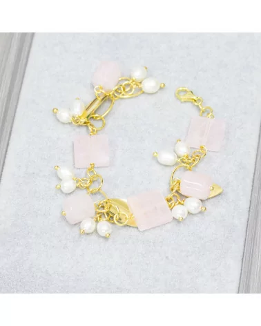 Bracciale Di Argento 925 Con Catena Placcato Oro Di Quarzo Rosa Forme E Perle Di Fiume Riso 18,5cm-BRACCIALI DI ARGENTO 925 | Worldofjewel.com