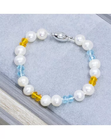 Bracciale Di Argento 925 Con Chiusura Ovale Perle Di Fiume E Zirconi Citrino E Celeste 20cm-BRACCIALI DI ARGENTO 925 | Worldofjewel.com