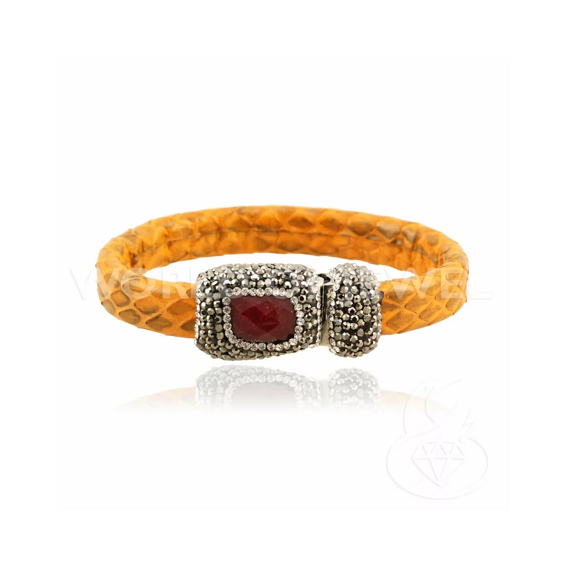 Bracciale Di Pelle Con Centrali Strass Marcasite Chiusura Magnetica - Color Arancio e Giada Rubellite-BRACCIALI BIJOUX | Worldofjewel.com