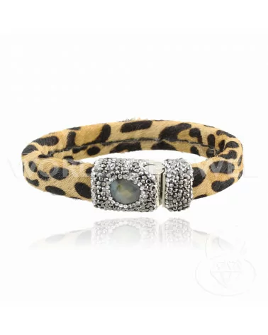 Bracciale Di Pelle Con Centrali Strass Marcasite Chiusura Magnetica - Color Beige Leopardato e Labradorite-BRACCIALI BIJOUX | Worldofjewel.com