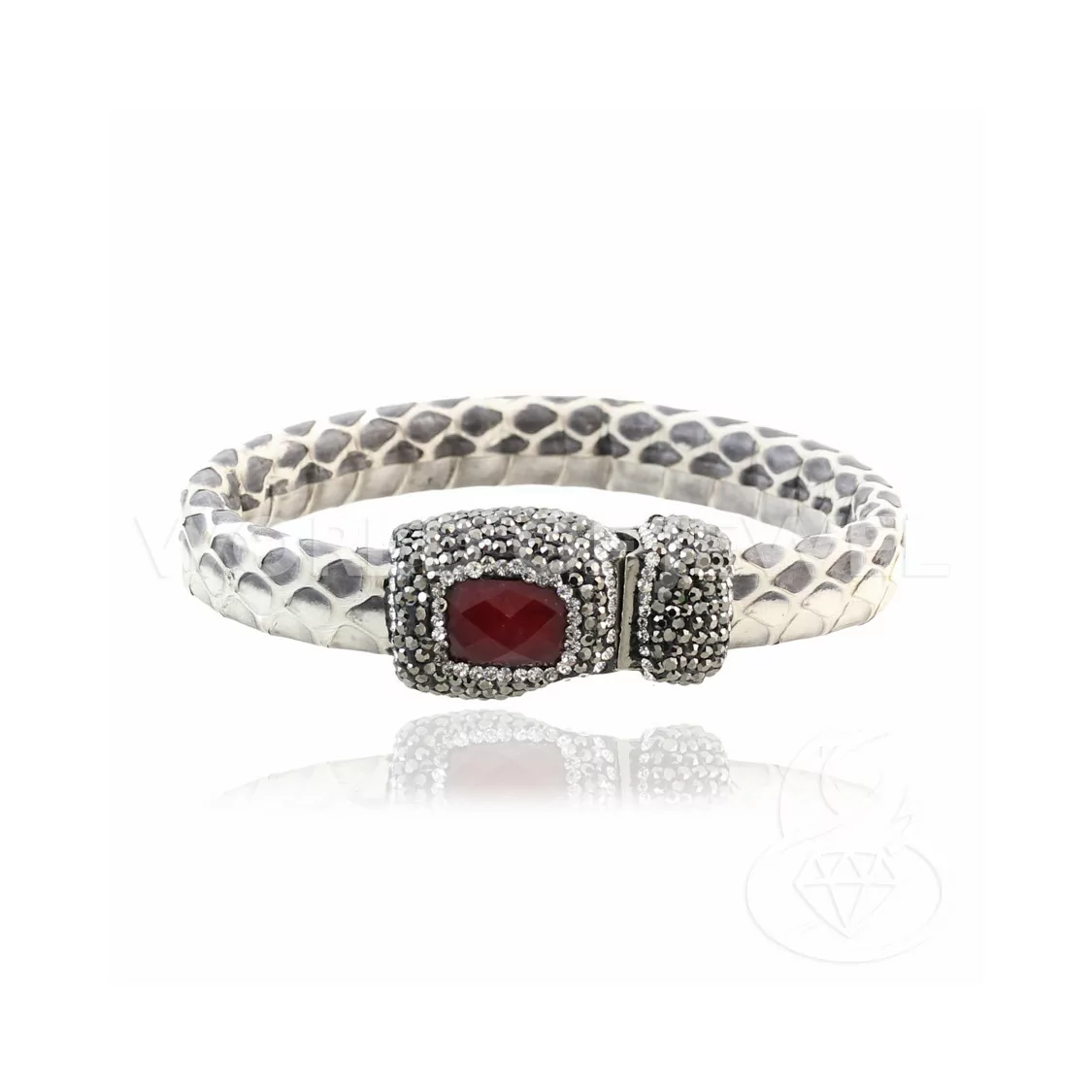 Bracciale Di Pelle Con Centrali Strass Marcasite Chiusura Magnetica - Color Bianco e Giada Rubellite-BRACCIALI BIJOUX | Worldofjewel.com