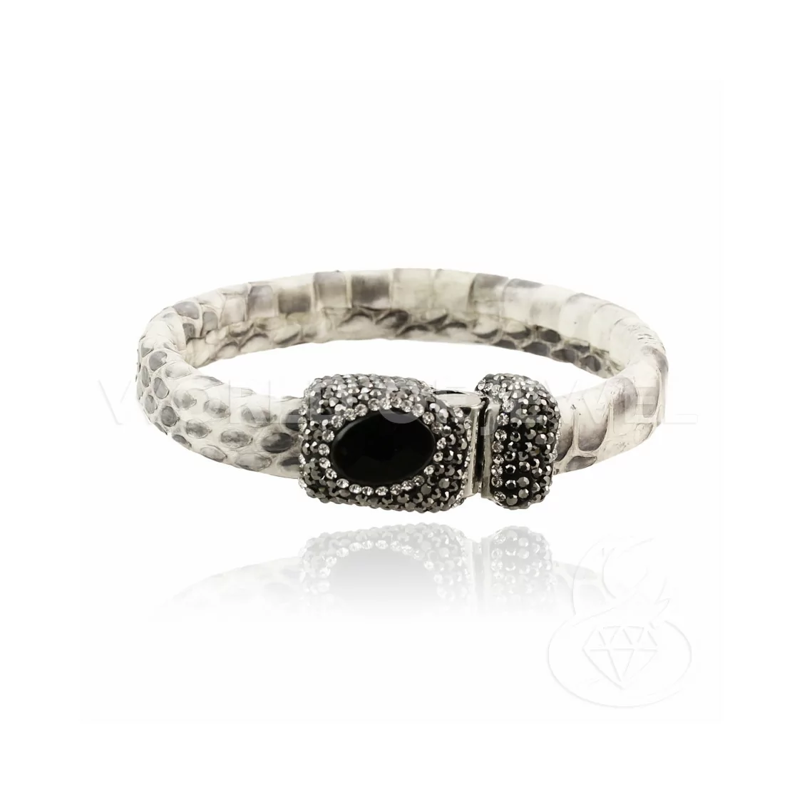 Bracciale Di Pelle Con Centrali Strass Marcasite Chiusura Magnetica - Color Bianco e Onice-BRACCIALI BIJOUX | Worldofjewel.com