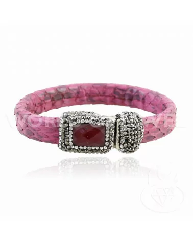 Bracciale Di Pelle Con Centrali Strass Marcasite Chiusura Magnetica - Color Fucsia e Giada Rubellite-BRACCIALI DI ECOPELLE | Worldofjewel.com