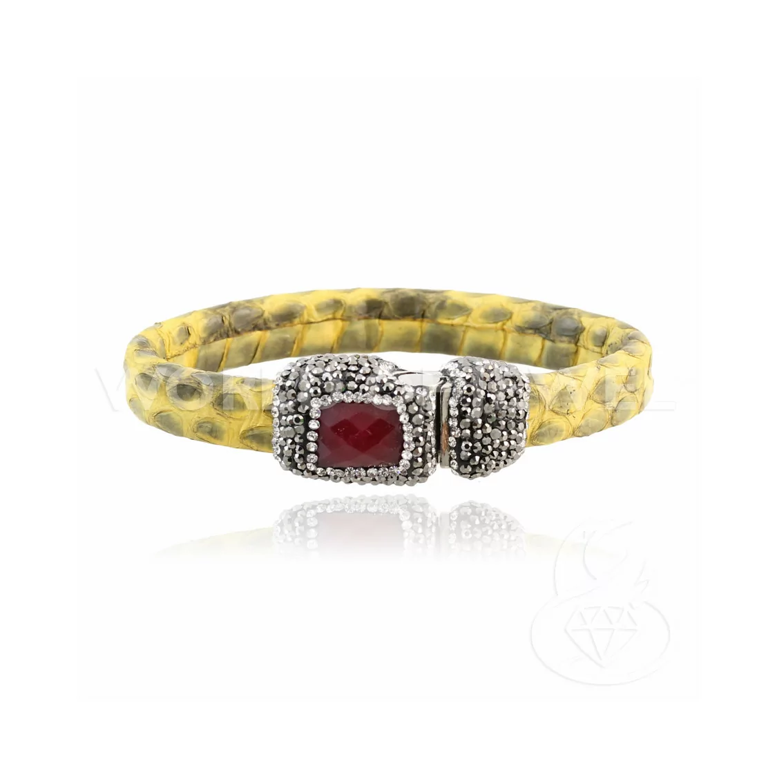 Bracciale Di Pelle Con Centrali Strass Marcasite Chiusura Magnetica - Color Giallo e Giada Rubellite-BRACCIALI DI ECOPELLE | Worldofjewel.com