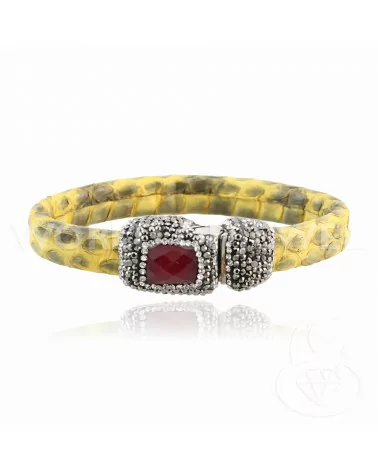 Bracciale Di Pelle Con Centrali Strass Marcasite Chiusura Magnetica - Color Giallo e Giada Rubellite-BRACCIALI DI ECOPELLE | Worldofjewel.com