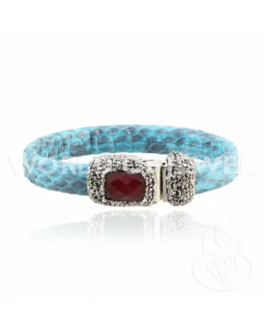 Bracciale Di Pelle Con Centrali Strass Marcasite Chiusura Magnetica - Color Turchese e Giada Rubellite-BRACCIALI DI ECOPELLE | Worldofjewel.com