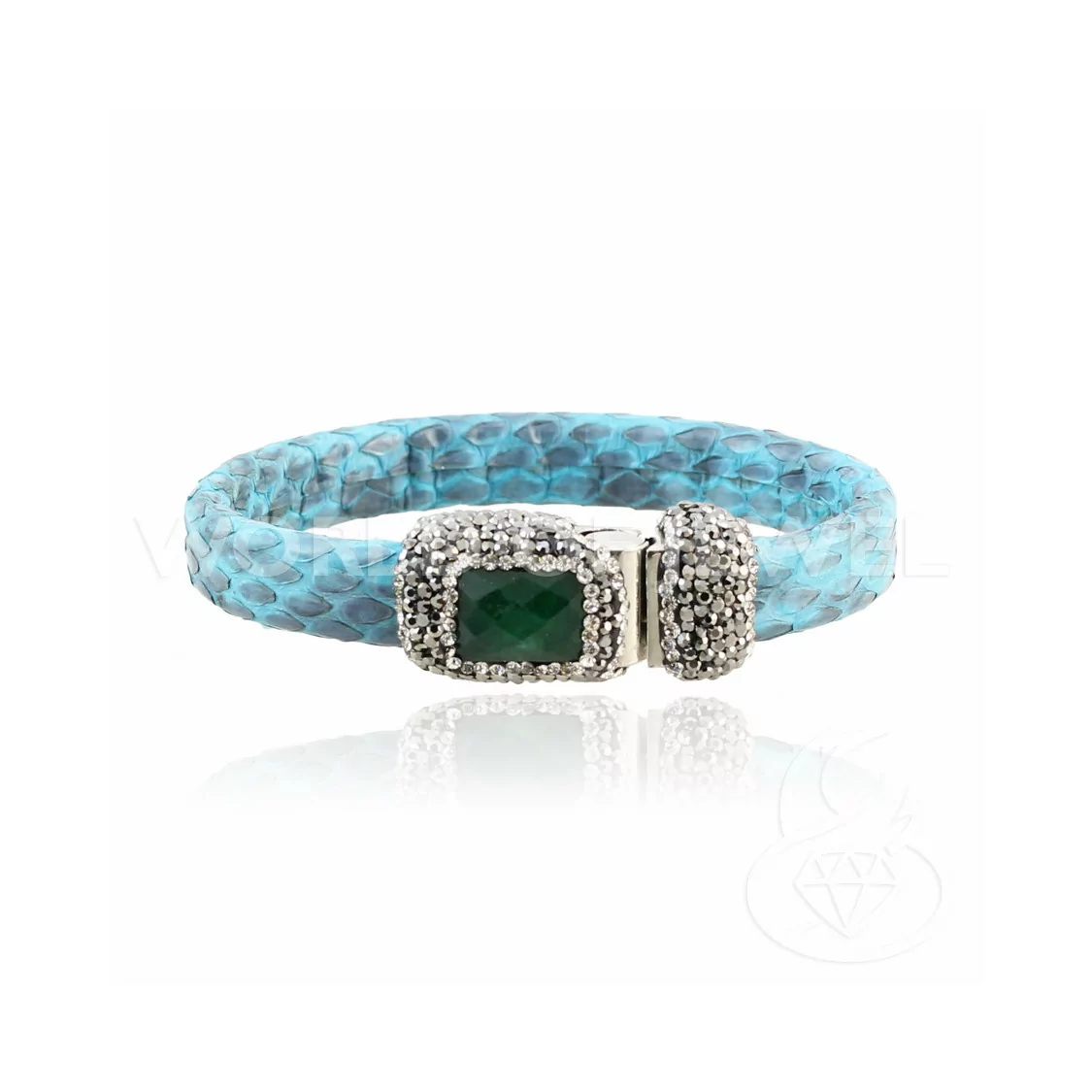 Bracciale Di Pelle Con Centrali Strass Marcasite Chiusura Magnetica - Color Turchese e Giada Smeraldite-BRACCIALI BIJOUX | Worldofjewel.com