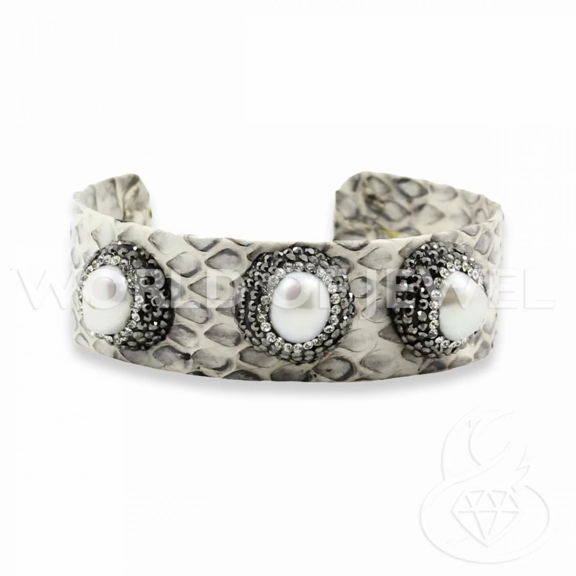 Bracciale Di Pelle Con Strass Marcasite, Perle Di Fiume E Pietre Dure 2cm Bianco-BRACCIALI BIJOUX | Worldofjewel.com