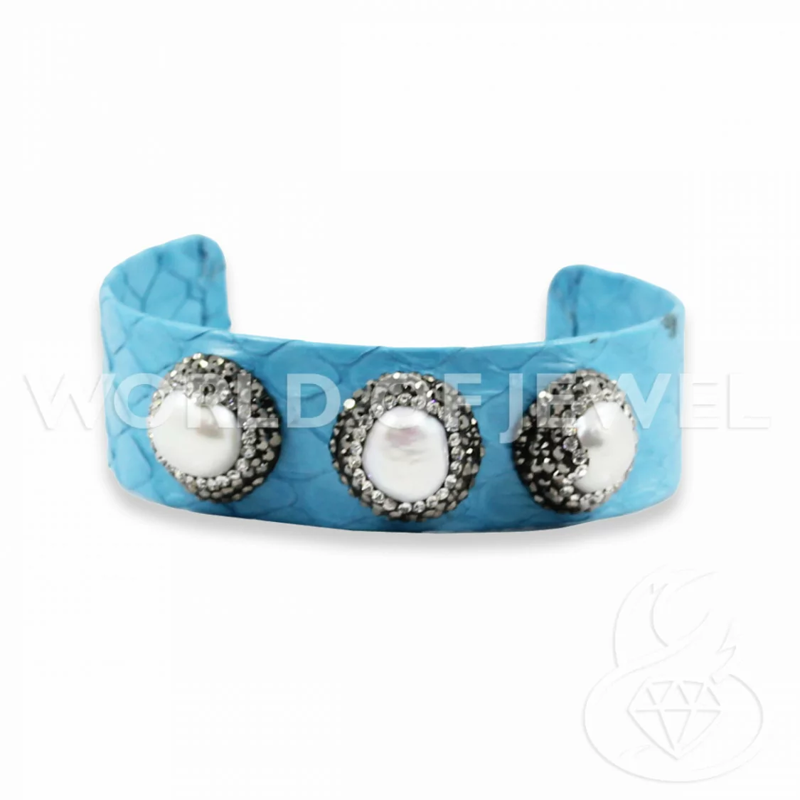 Bracciale Di Pelle Con Strass Marcasite, Perle Di Fiume E Pietre Dure 2cm Celeste-BRACCIALI BIJOUX | Worldofjewel.com