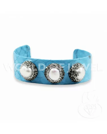 Bracciale Di Pelle Con Strass Marcasite, Perle Di Fiume E Pietre Dure 2cm Celeste-BRACCIALI BIJOUX | Worldofjewel.com