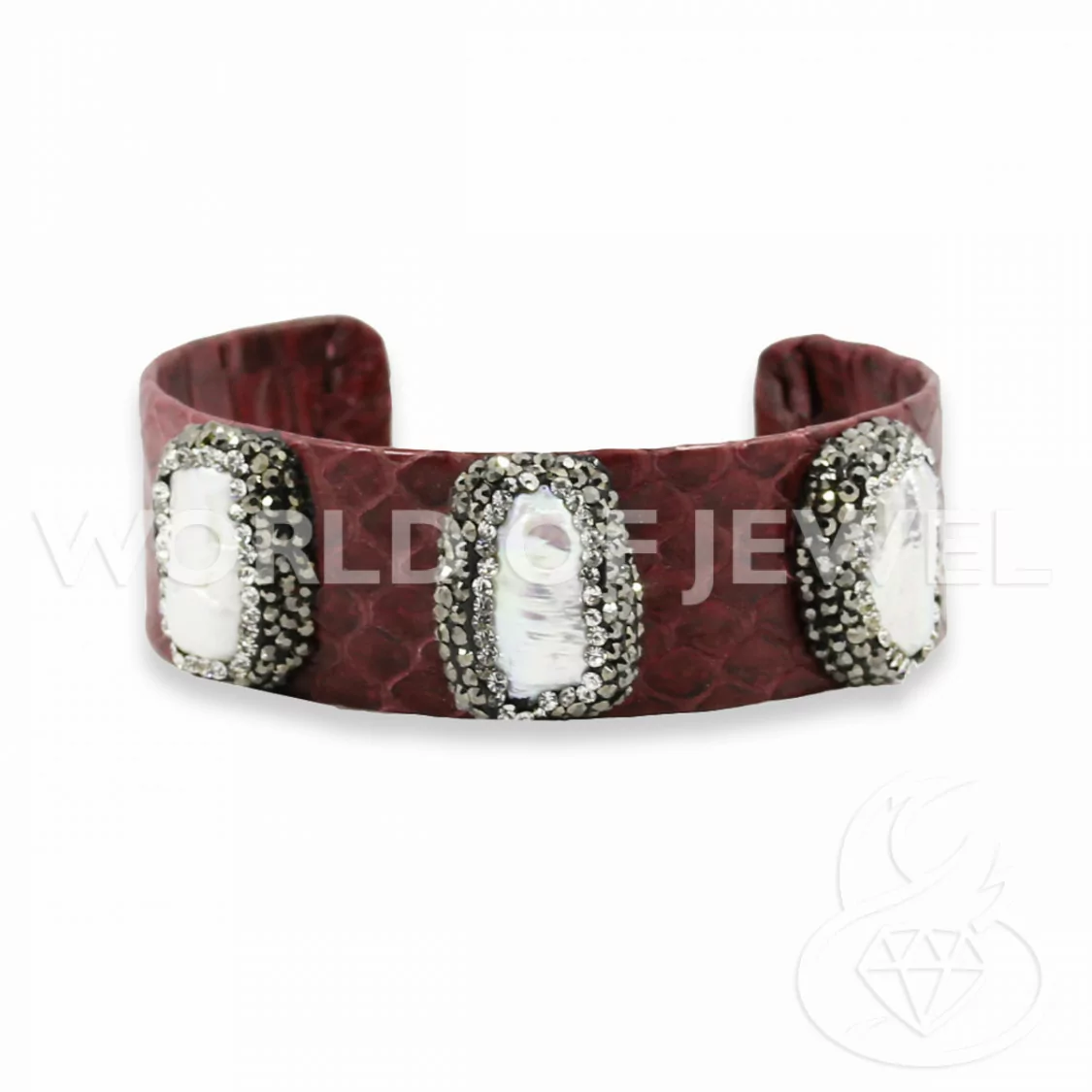 Bracciale Di Pelle Con Strass Marcasite, Perle Di Fiume E Pietre Dure 2cm Rosso-BRACCIALI BIJOUX | Worldofjewel.com