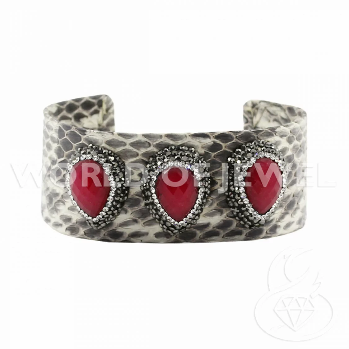 Bracciale Di Pelle Con Strass Marcasite, Perle Di Fiume E Pietre Dure 3cm Bianco E Giada Rubino-BRACCIALI BIJOUX | Worldofjewel.com