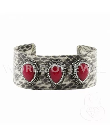 Bracciale Di Pelle Con Strass Marcasite, Perle Di Fiume E Pietre Dure 3cm Bianco E Giada Rubino-BRACCIALI BIJOUX | Worldofjewel.com