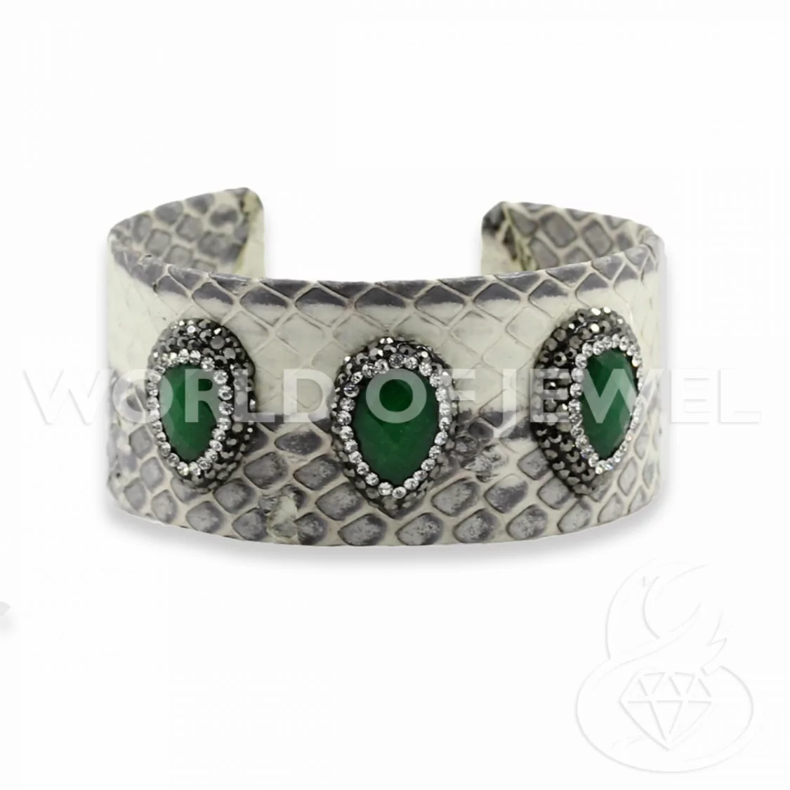 Bracciale Di Pelle Con Strass Marcasite, Perle Di Fiume E Pietre Dure 3cm Bianco E Giada Smeraldo-BRACCIALI BIJOUX | Worldofjewel.com