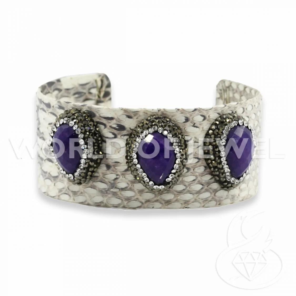 Bracciale Di Pelle Con Strass Marcasite, Perle Di Fiume E Pietre Dure 3cm Bianco E Giada Zaffiro-BRACCIALI BIJOUX | Worldofjewel.com