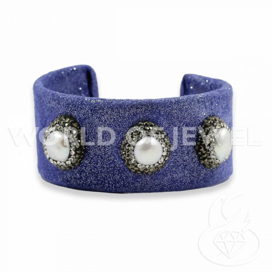 Bracciale Di Pelle Con Strass Marcasite, Perle Di Fiume E Pietre Dure 3cm Blu-BRACCIALI DI ECOPELLE | Worldofjewel.com