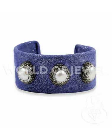 Bracciale Di Pelle Con Strass Marcasite, Perle Di Fiume E Pietre Dure 3cm Blu-BRACCIALI DI ECOPELLE | Worldofjewel.com