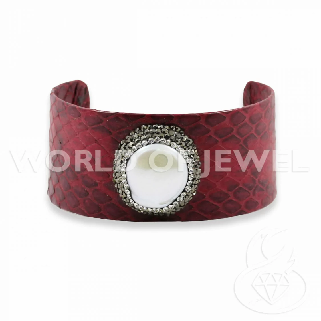 Bracciale Di Pelle Con Strass Marcasite, Perle Di Fiume E Pietre Dure 3cm Rosso-BRACCIALI BIJOUX | Worldofjewel.com