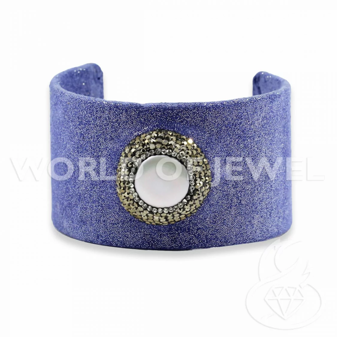 Bracciale Di Pelle Con Strass Marcasite, Perle Di Fiume E Pietre Dure 4cm Blu-BRACCIALI DI ECOPELLE | Worldofjewel.com