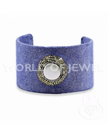 Bracciale Di Pelle Con Strass Marcasite, Perle Di Fiume E Pietre Dure 4cm Blu-BRACCIALI DI ECOPELLE | Worldofjewel.com