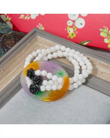 Bracciale Elastico A 3 Fili Di Pietre Dure Con Giada Burma E Rose In Resina Bianco-BRACCIALI DI PIETRE DURE | Worldofjewel.com