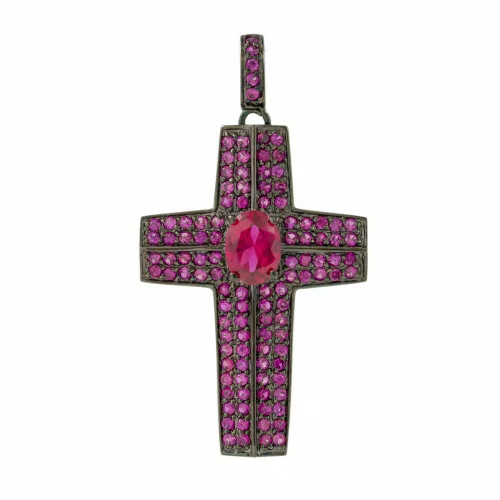 Pendentif Pendentif Argent 925 Bruni Croix Avec Rubis Zircons 25x45mm