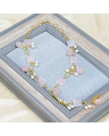 Collana Di Argento 925 Con Catena Placcato Oro Di Quarzo Rosa Forme E Perle Di Fiume 43,5cm Con Pendente 10cm-COLLANE DI ARGENTO 925 | Worldofjewel.com