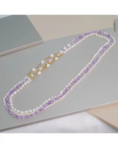 Collana Di Perle Di Fiume E Pietre Dure Ametista Lavanda Con Elementi Bordati 84cm-OFFERTE COLLANE | Worldofjewel.com