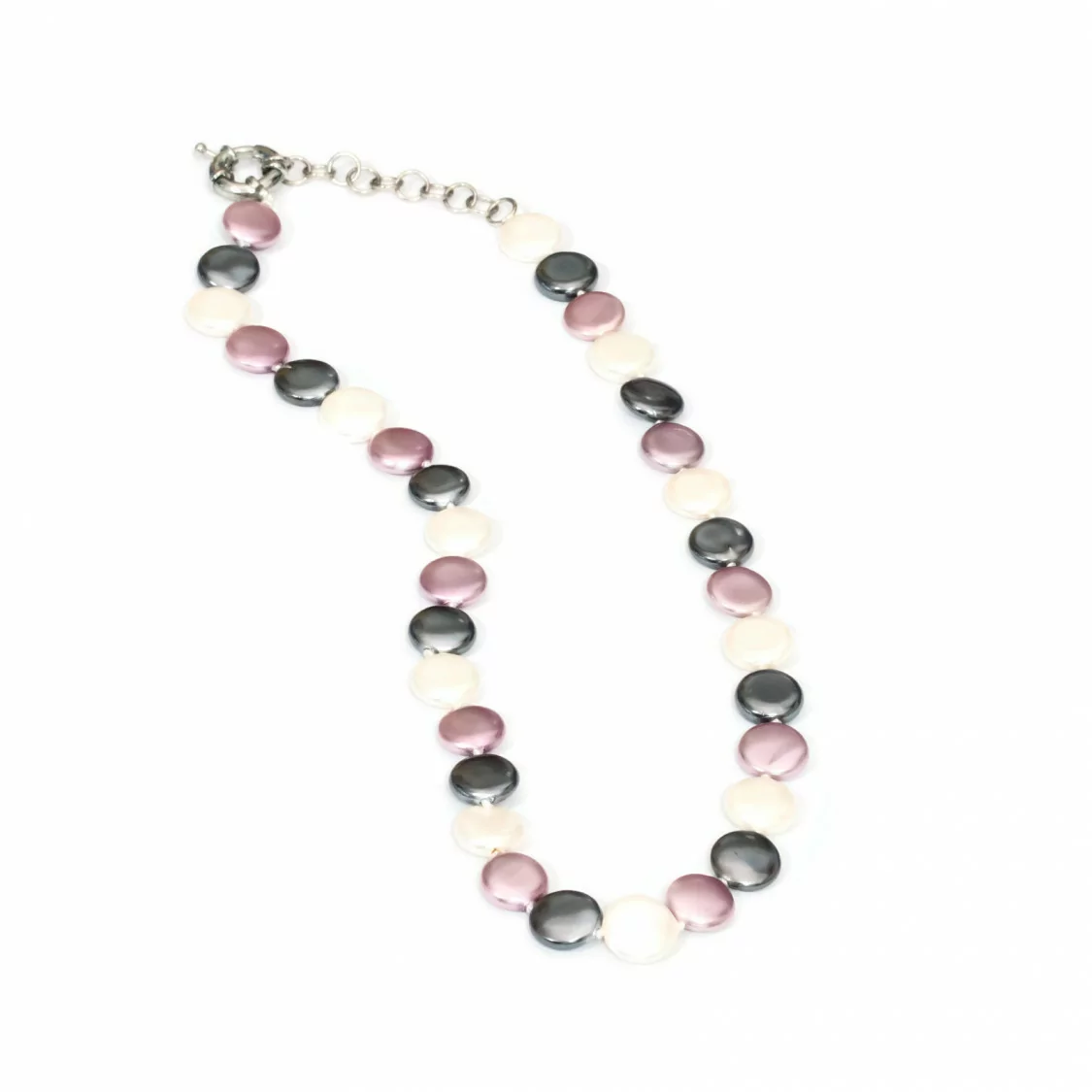 Collana Di Perle Di Maiorca Tondo Piatto 12mm Con Chiusura In Ottone 44-49cm Bianco Grigio Lilla-COLLANE DI PIETRE DURE | Worldofjewel.com