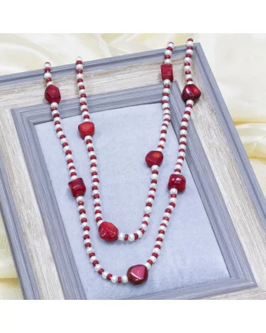 Collana Di Pietre Dure Con Perle Di Fiume E Corallo Bamboo Rosso Forme 133cm-OFFERTE COLLANE | Worldofjewel.com